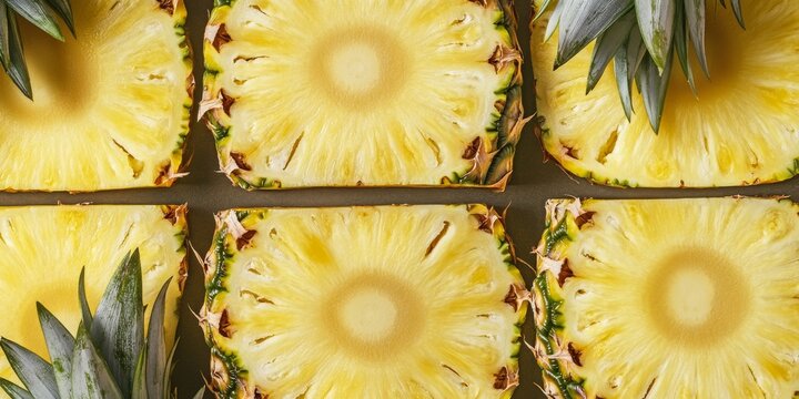Fresh ripe pineapple slices showcase the vibrant yellow color and texture of the pineapple. This image highlights the details of pineapple sliced into pieces, emphasizing its freshness and appeal.