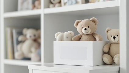 white wooden box with blank label stands on the baby's room shelf