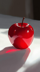 Obraz premium Single red apple with a glossy surface on a reflective white background.