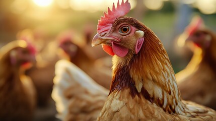 Closeup of a Chicken in Sunlit Farm Yard with Vibrant Feather Details and Warm Glow : Generative AI