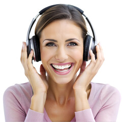Fototapeta premium happy woman wearing headphones enjoying music on white