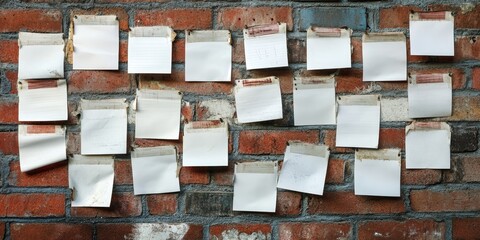Bulletin board featuring numerous blank notice papers on a brick wall, providing an ideal space for announcements or messages displayed on the bulletin board for easy visibility.