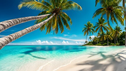 Obraz premium A serene beach scene with palm trees and crystal-clear water under a bright blue sky.