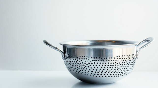 Stainless steel colander with perforated design on a white surface, ideal for kitchen use.