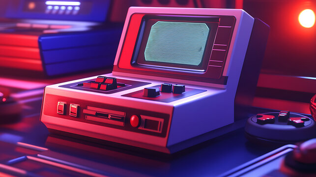 Retro gaming console with vibrant lighting, capturing nostalgia for classic arcade adventures