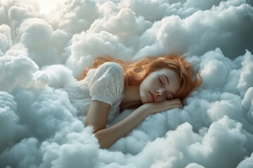 A young woman sleeping comfortably on a fluffy cloud