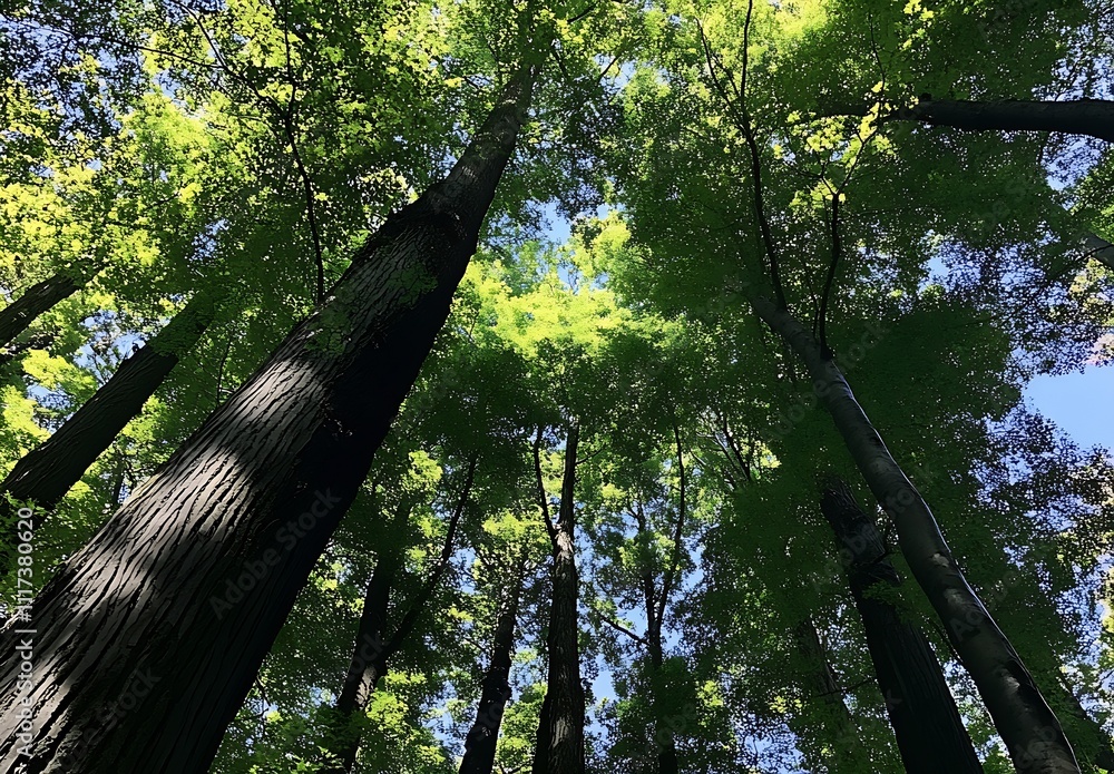 Poster majestic forest canopy with tall towering trees against a blue sky : generative ai