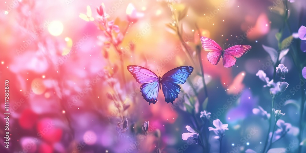 Poster defocused abstract background featuring butterflies and flowers, creating a dreamy atmosphere with v