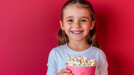A cheerful Caucasian girl smiles brightly while holding a pink bucket of popcorn against a vibrant pink background, exuding joy and enthusiasm.