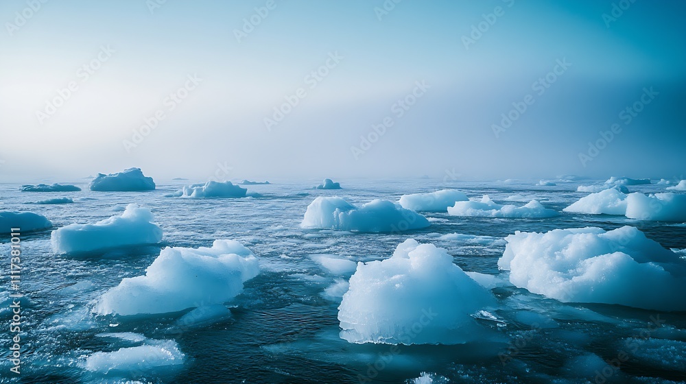 Aufkleber Stunning Arctic Seascape with Floating Icebergs and Misty Horizon under a Cold Blue Sky for an Adventurous Journey : Generative AI