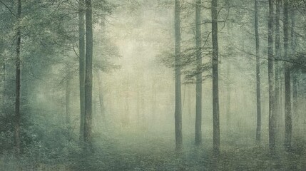 A misty forest scene with tall trees and soft, diffused light.