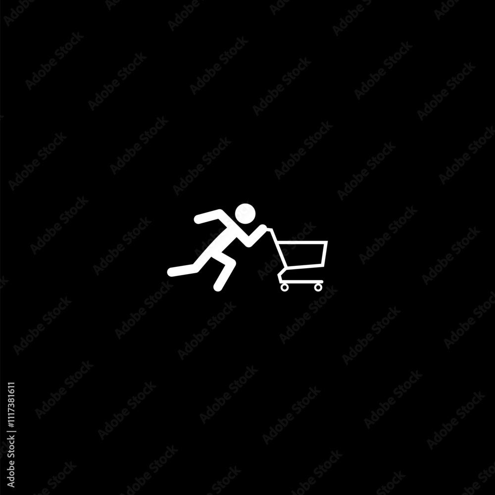 Poster running man pushing shopping cart icon isolated on dark background