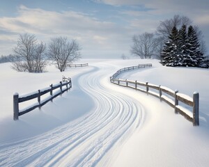 Obraz premium Serene Snowy Landscape with Curved Path and Wooden Fencing