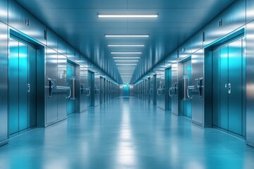Hyper-realistic high-security room with blue doors and bright white lighting