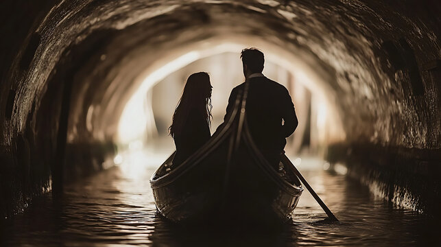A romantic silhouette of a couple in a boat, gliding through a dimly lit tunnel, creating a mysterious and intimate atmosphere.