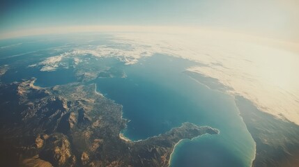 Earth from space, aerial view of coastlines, mountains, and clouds.