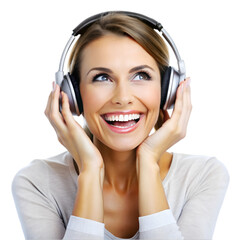 Fototapeta premium happy woman wearing headphones enjoying music on white