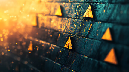 Abstract close-up of a textured wall featuring golden triangles glistening in the warm sunlight,...