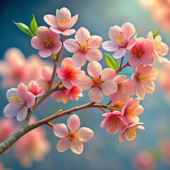pink cherry blossoms with green leaves capturing the essence of springtime beauty in a vibrant display.