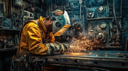 Intense Welding: A Craftsman's Focus in a Gritty Industrial Setting