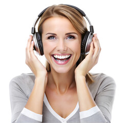 Fototapeta premium happy woman wearing headphones enjoying music on white