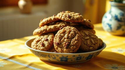 A stack of freshly baked oatmeal cookies with nuts in a floral patterned bowl on a yellow tablecloth