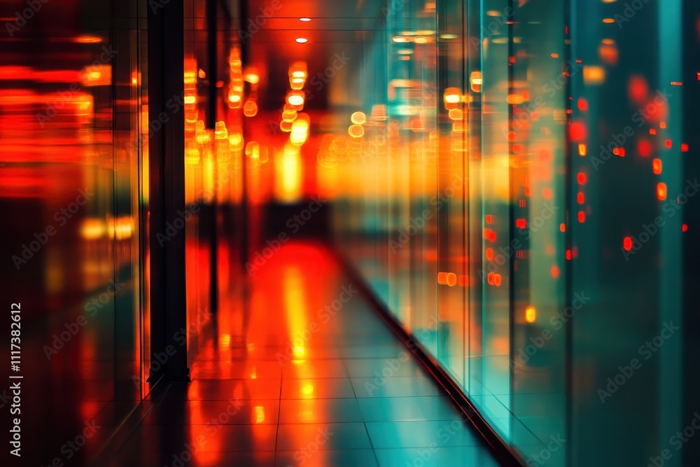 Poster a vibrant corridor with reflections and bokeh lighting effects in a modern setting.