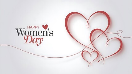 Minimalist Women's Day Design with Red Hearts, Elegant Typography, and Flowing Red Line on White Background