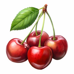 Fresh Red Cherries with Green Leaf. Sweet Summer Fruit
