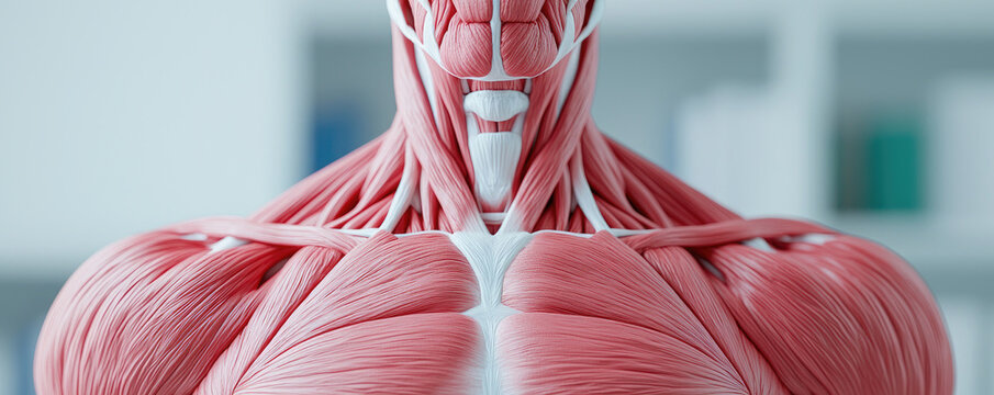 Detailed human anatomical model showcasing muscles and physical structure.
