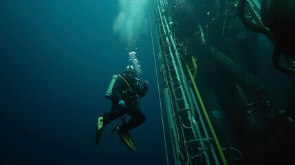Diver Collecting Data Near Underwater Equipment