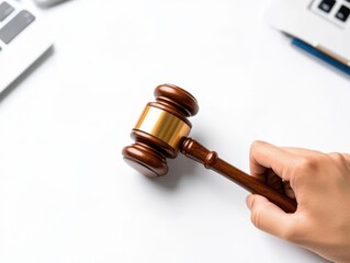 Wooden Gavel Held by Hand Over Minimalist Workspace Background