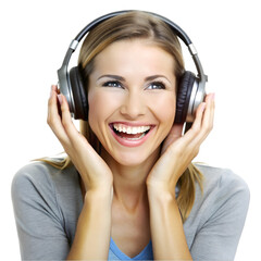 happy woman wearing headphones enjoying music   on white