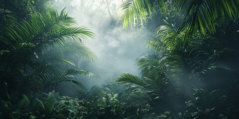 Obraz premium Lush Tropical Jungle Misty Rainforest 8K High Resolution Deep Green Foliage Sunbeams