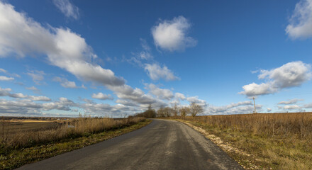 A road with a few trees in the background and a clear blue sky