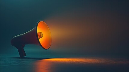 Dramatic illuminated megaphone or amplifier against dark moody background symbolizing loud communication announcement marketing or attention grabbing signal