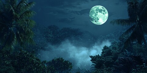 Mystical Night Tropical Forest Full Moon Lush Greenery Fog Palms 8k