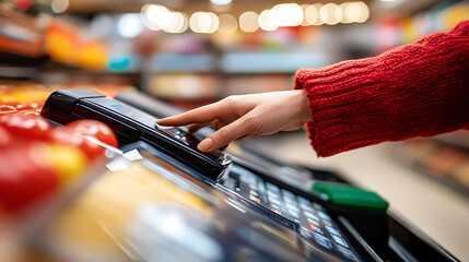 A close-up of a female's hand, with light skin and manicured nails, tapping a payment terminal in a vibrant grocery store filled with fresh produce.