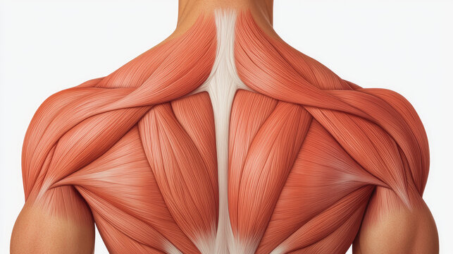 Detailed illustration of human back muscles for educational and anatomical purposes.