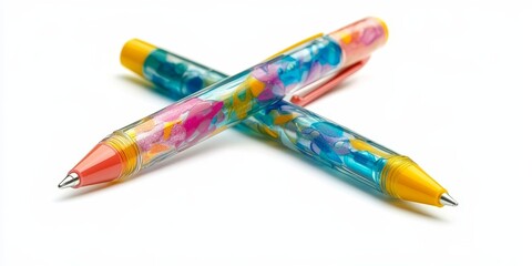 Obraz premium Two vibrant ball pens designed for children, perfect as a Christmas gift, stand out beautifully when isolated against a white background, making these ball pens ideal for festive giving.