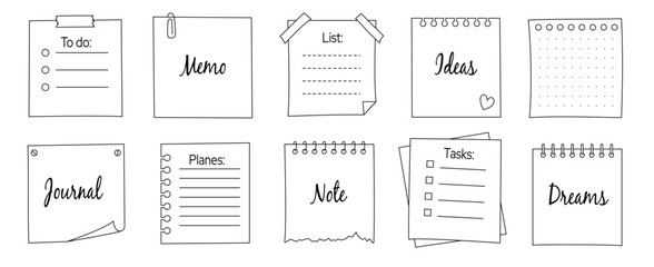 Memo frame note paper line sheet set. Notebook paper note frame for task list, to do list sticker sheet. Hand drawn sketch line style reminder sticker. Vector illustration.
