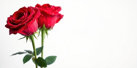 Three vibrant red roses covered in sparkling water droplets, standing out against a clean white background, flowers, nature