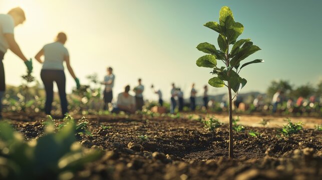 Community volunteer tree planting event in nature close-up view environmental awareness