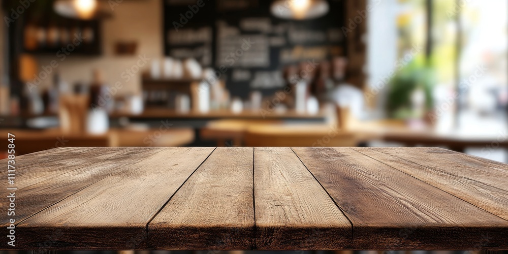 Poster empty wooden table with a blurred backdrop of a cafe, perfect for showcasing products. this empty wo
