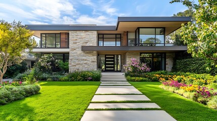 Naklejka premium Modern luxury home with stone facade, expansive windows, and landscaped yard.