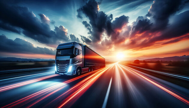 Semi Truck on highway lorry Logistics import export journey copy transportation Truck run on highway roads