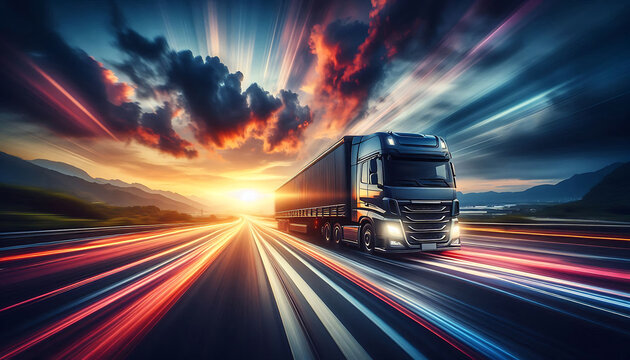 Semi Truck on highway lorry motion blur concept of journey copy transportation business image