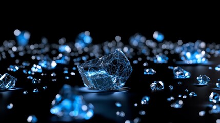 Glowing blue ice crystals scattered on dark surface.