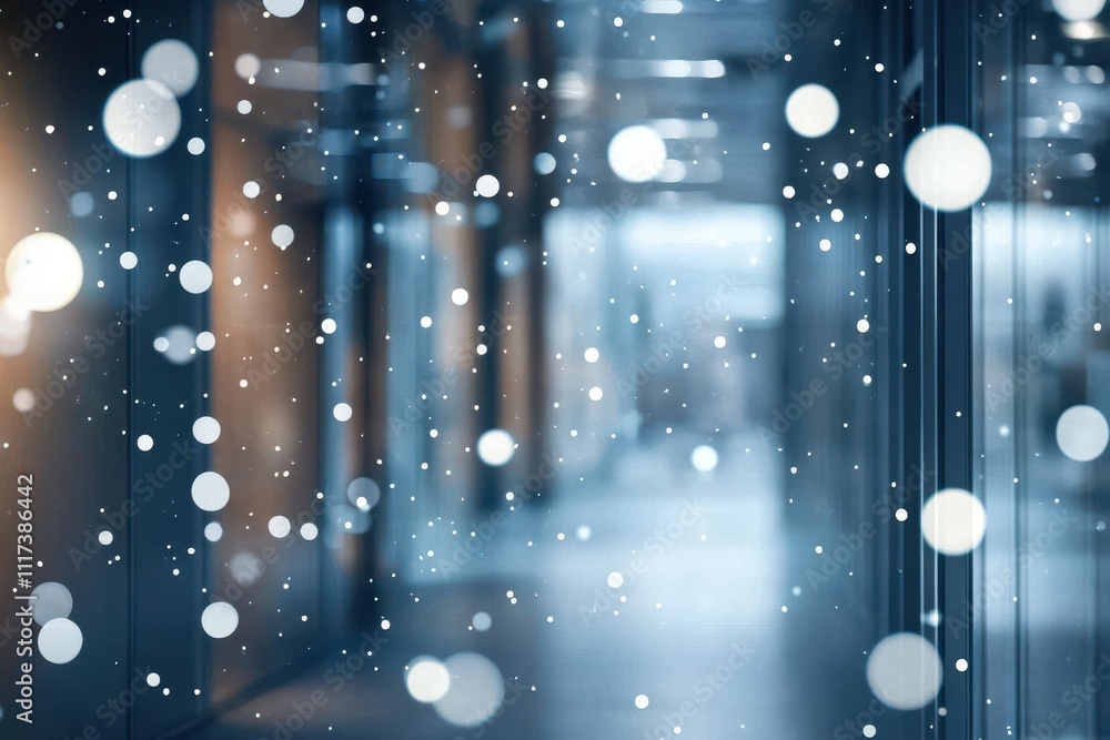 Poster a blurred indoor scene with floating snow-like particles creating a dreamy atmosphere.