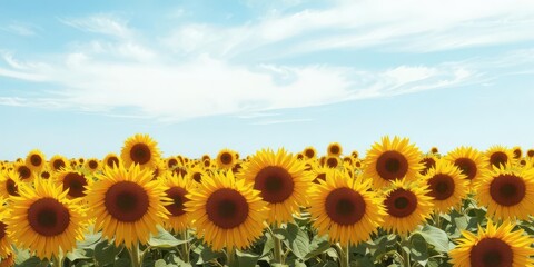 Fototapeta premium Vibrant and expansive sunflower field under a clear blue sky, vibrant, sky
